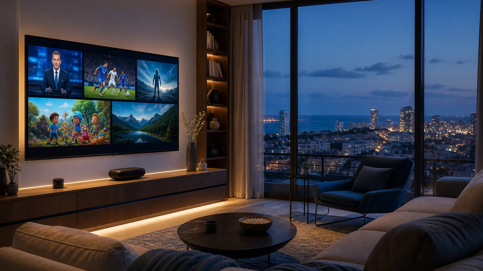 Modern Israeli living room prepared for IPTV viewing with a Mediterranean coastal city at dusk