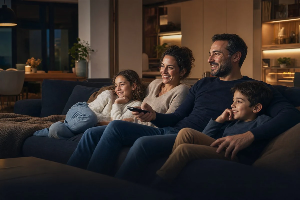 Family comparing an IPTV Israel subscription on a television at home